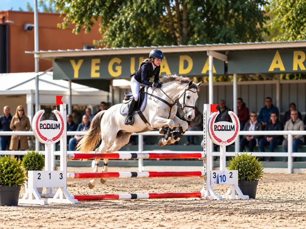 inete de Pony Club Aragón participando en una competición de salto de obstáculos.